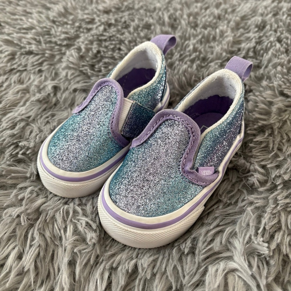 Vans Slip On Shoes Light Purple Light Blue Sparkle ToddlerGirl 4c